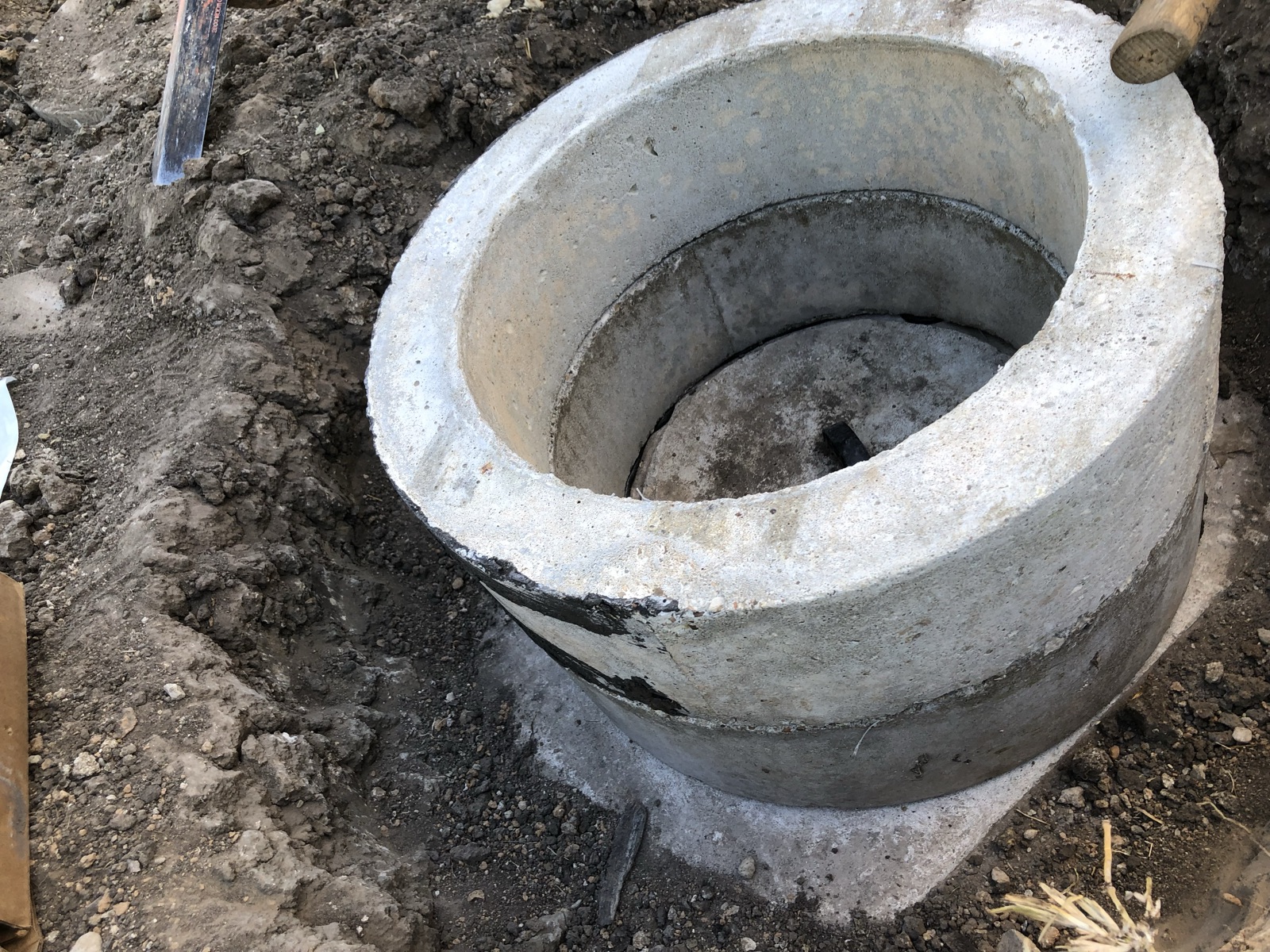 Concrete septic tank riser exposed in excavated ground during a repair diagnosis