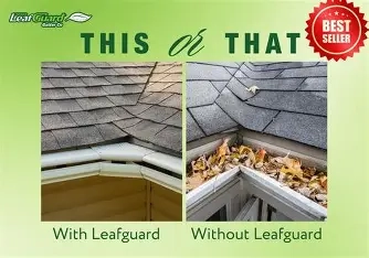 Side-by-side comparison of a gutter with a leaf guard installed versus a gutter clogged with leaves