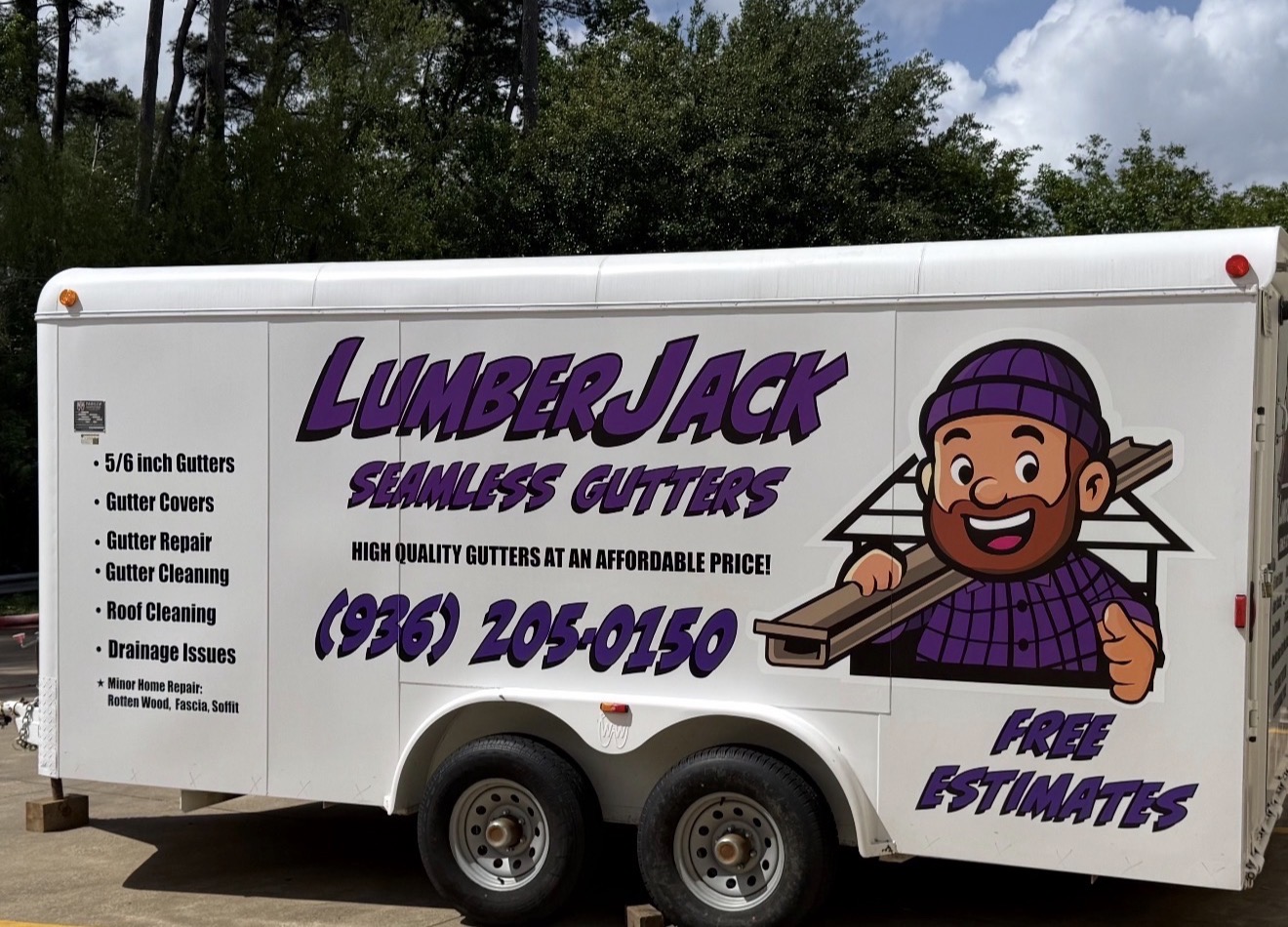 LumberJack Seamless Gutters work trailer with lumberjack mascot, ready for a seamless gutter installation in Nacogdoches, TX