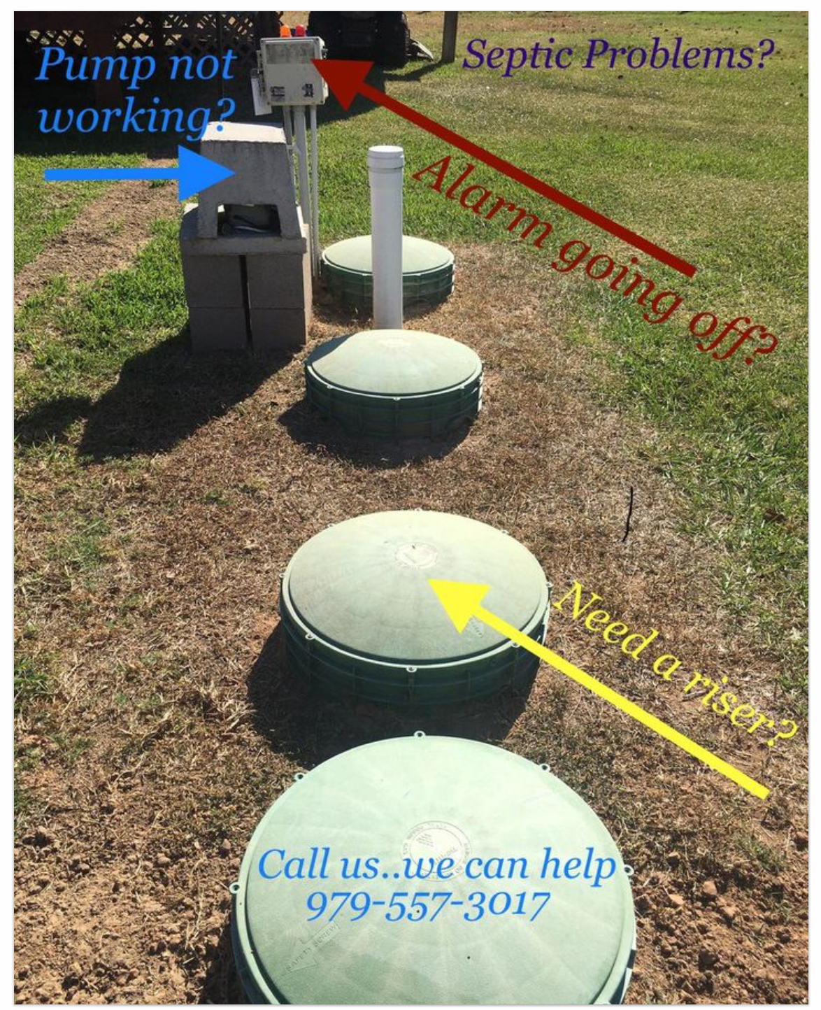 Multiple septic tank lids in a residential yard with pump components — typical OSSF maintenance scenario.