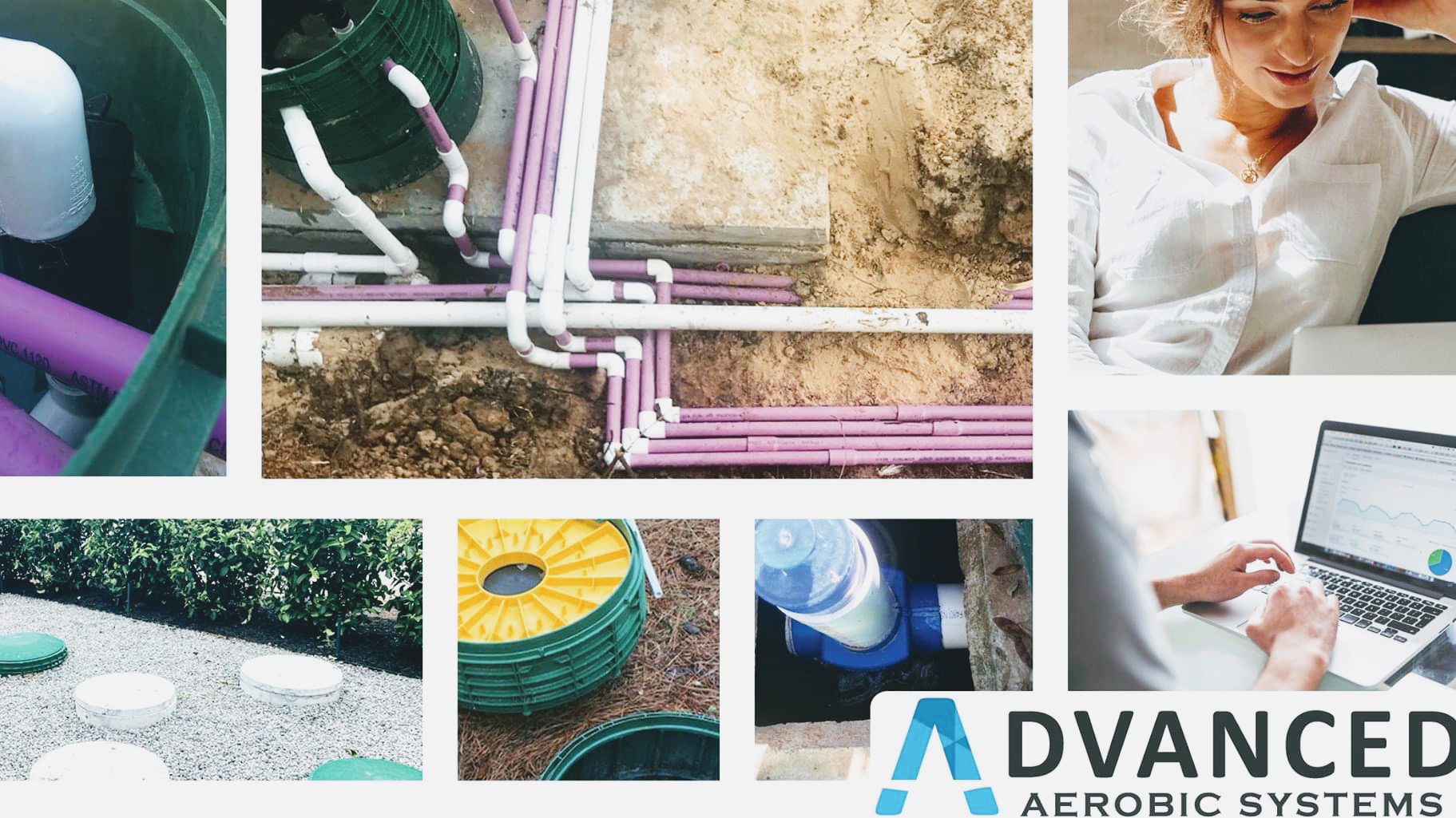 Collage showing septic system installation with underground pipes, tank covers, and technician with laptop